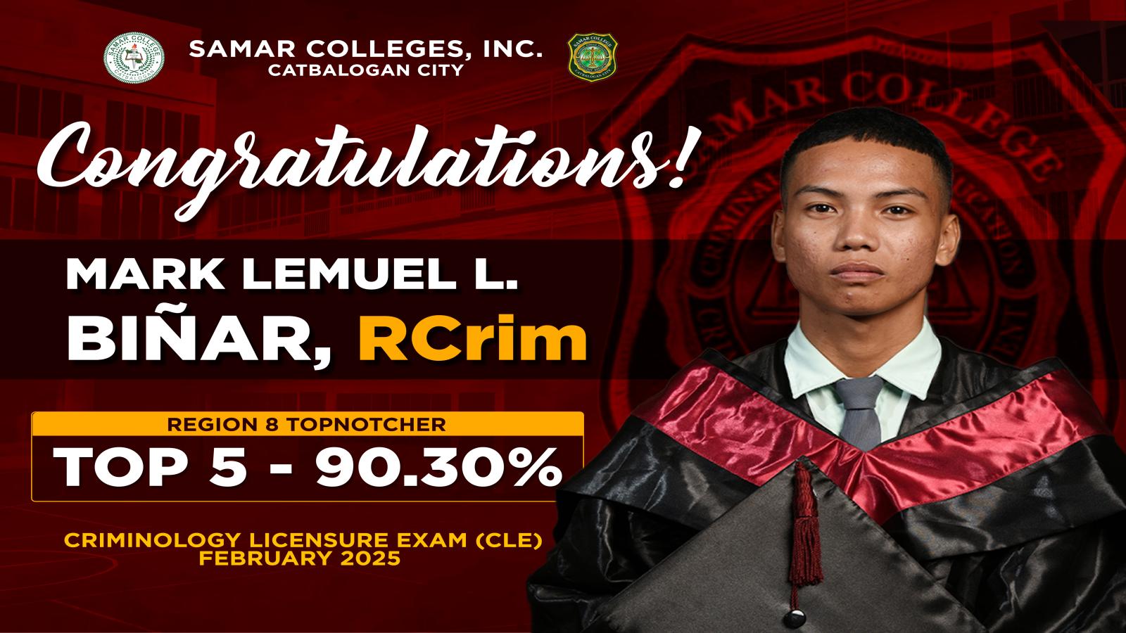 Biñar of Samar College is Top 5 Among Region 8’s Criminology Topnotchers