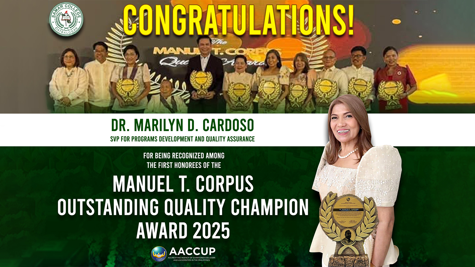 Dr. Cardoso Named AACCUP’s Quality Champion Awardee 2025